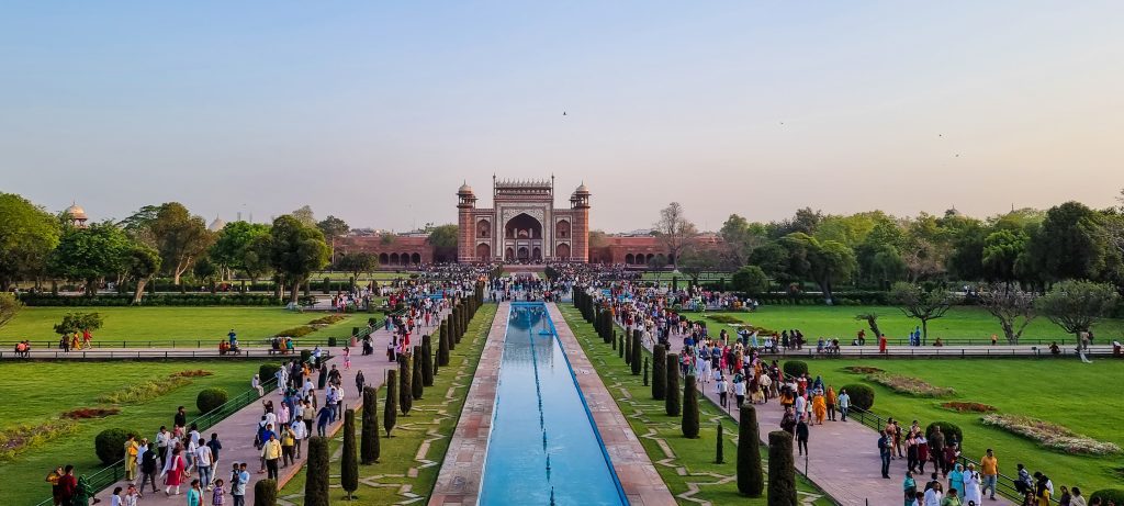 Entry gate of the Taj Mahal as seen from in front of the Taj
