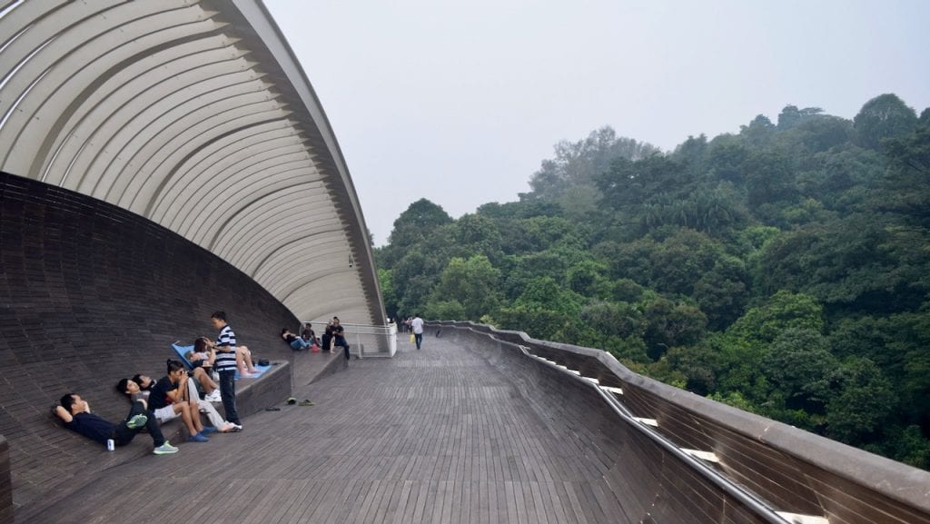 People are walking and relaxing during Southern Ridge Walk in Singapore.