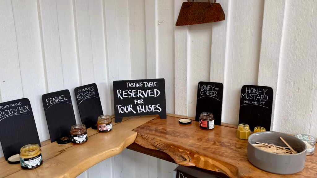 Honey tasting table at Bruny Island Honey on a Bruny Island day trip