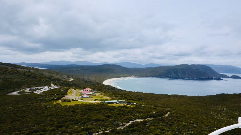 View from Cape Bruny Lighthouse balcony over the lightstation and bay