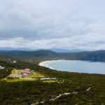 View from Cape Bruny Lighthouse balcony over the lightstation and bay