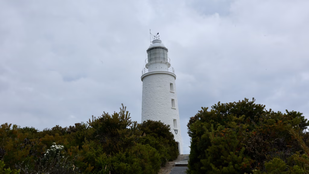 Cape Bruny Lighthouse white tower on a Bruny Island day trip, Tasmania