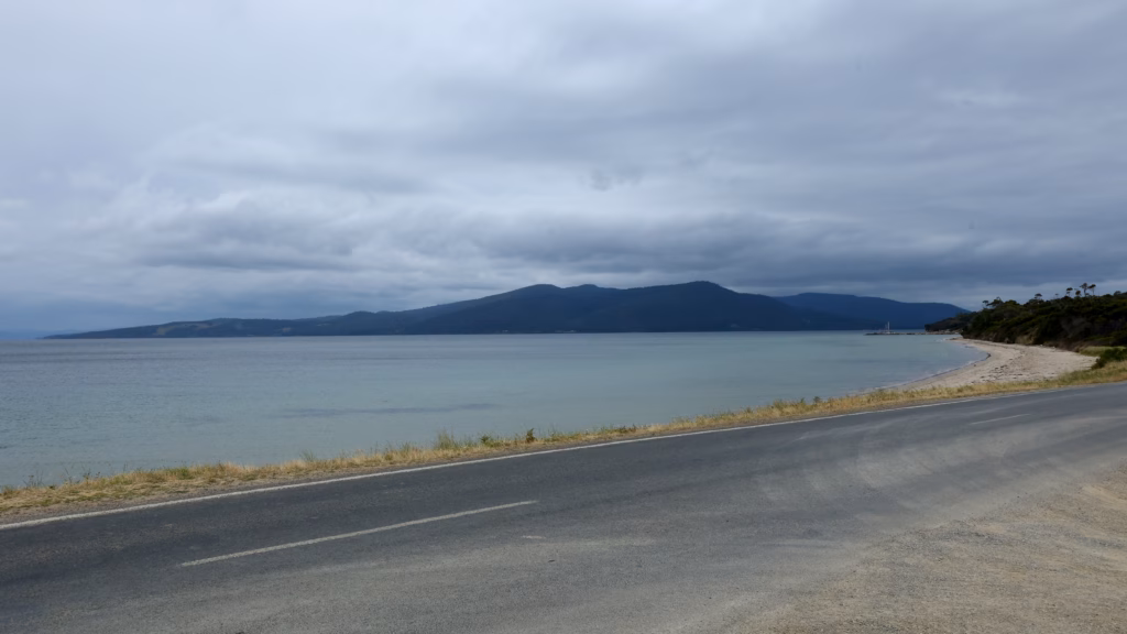 Coast road and bay beside Hotel Bruny on Bruny Island, Tasmania