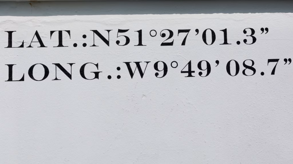 Exact coordinates painted on the Mizen Head Signal Station wall — LAT N51°27'01.3