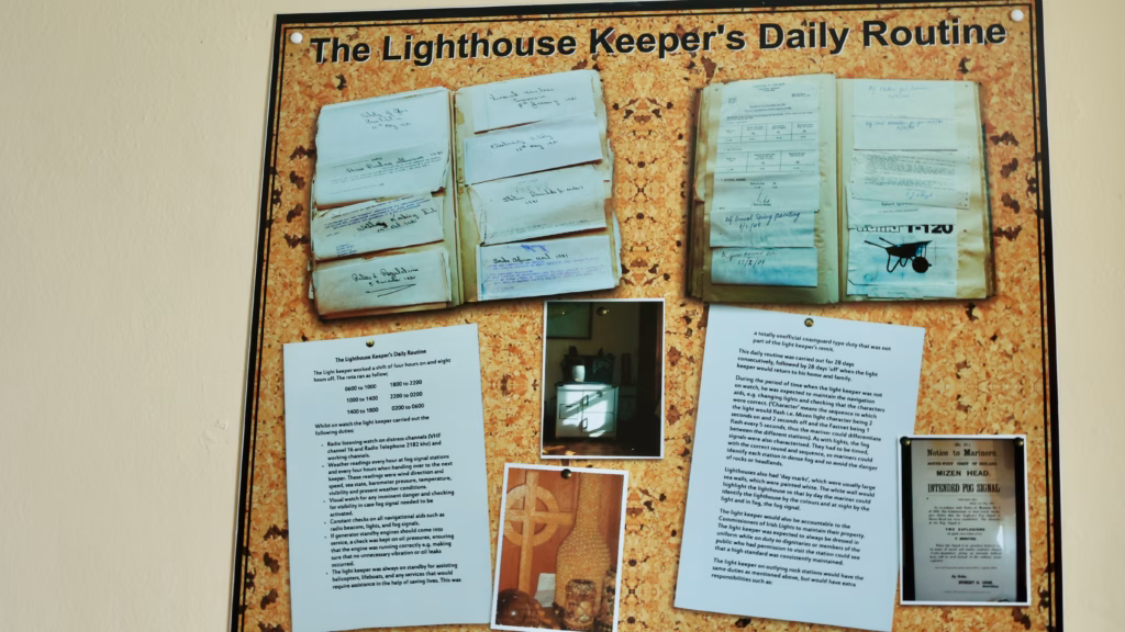 The Lighthouse Keeper's Daily Routine display board showing shift schedules, logbooks, and duties at Mizen Head