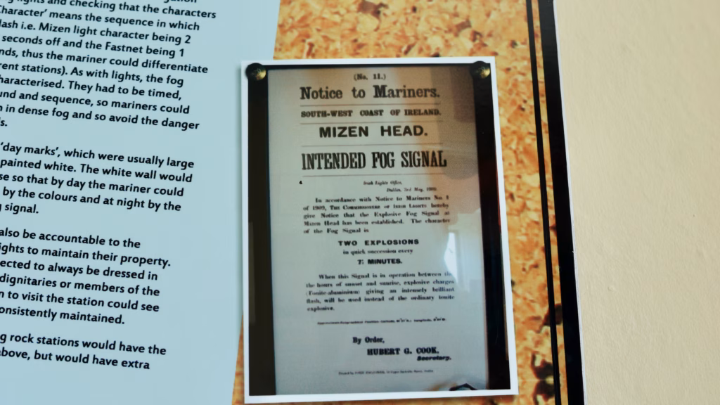 Notice to Mariners document about Mizen Head's intended fog signal mounted in the museum exhibition