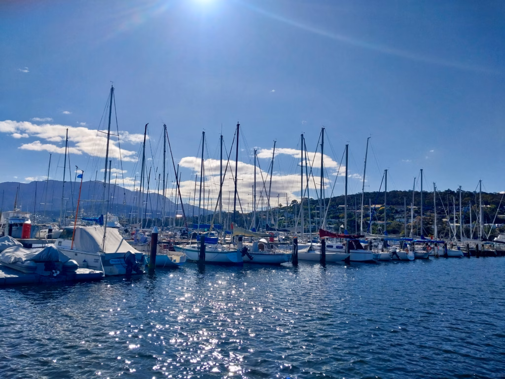 Yacht masts at Bellerive Yacht Club marina with Mt Wellington in the background