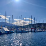 Yacht masts at Bellerive Yacht Club marina with Mt Wellington in the background