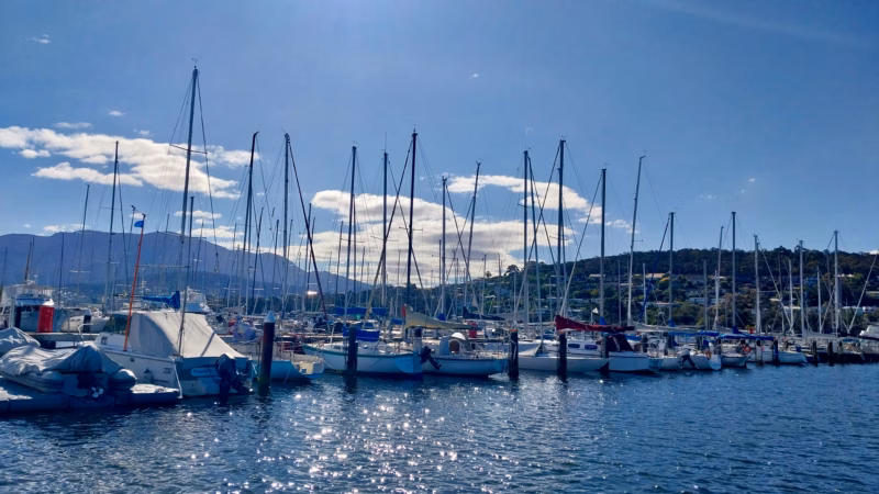 Yacht masts at Bellerive Yacht Club marina with Mt Wellington in the background