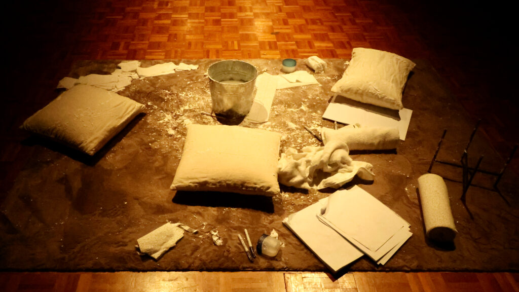 Contemporary art floor installation of plaster cast forms at TMAG, part of Hobart Current