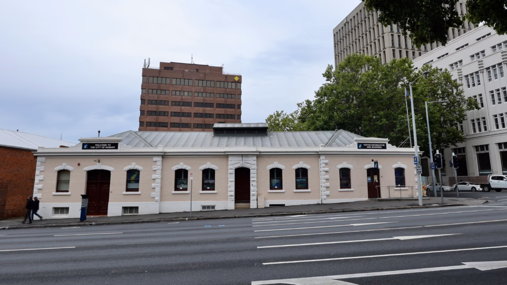Hobart Visitor Information Centre building on Elizabeth Street with welcome signage