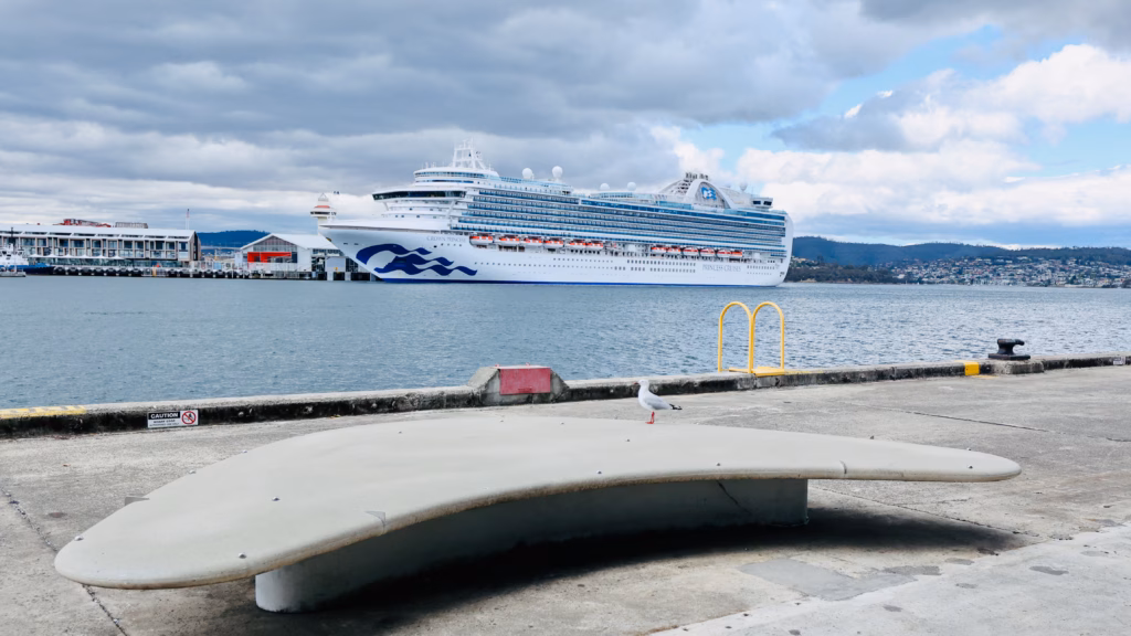 View from the Hobart wharf near the cruise ship berths, with a curved concrete bench, a seagull, and the Crown Princess docked in the background