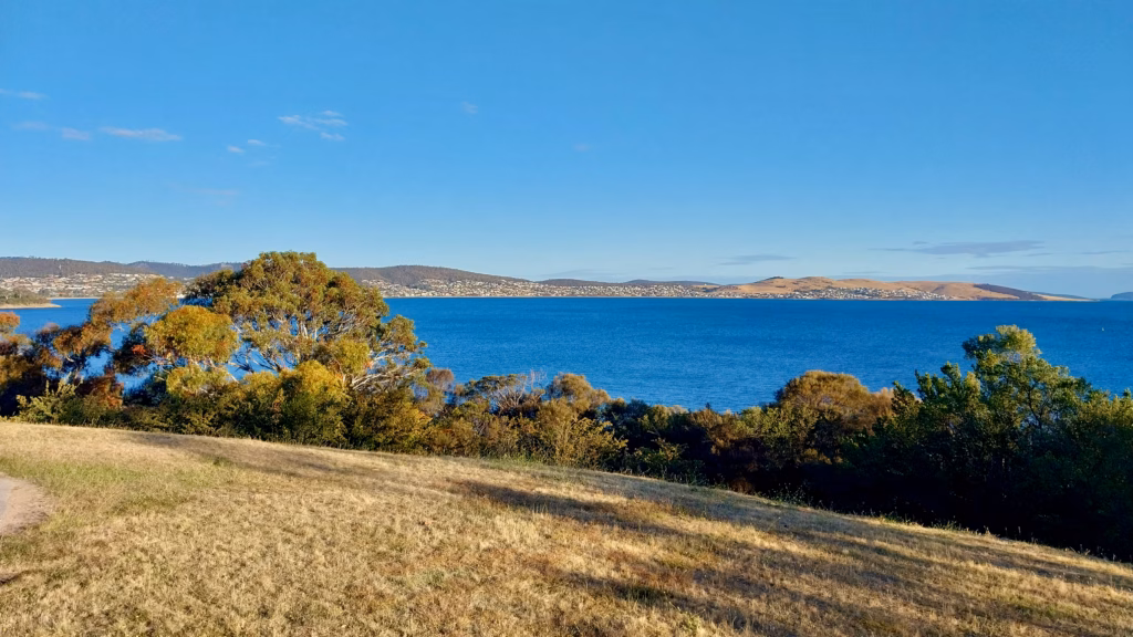 View across the Derwent River from Kangaroo Bluff Battery Bellerive with dry summer grass foreground