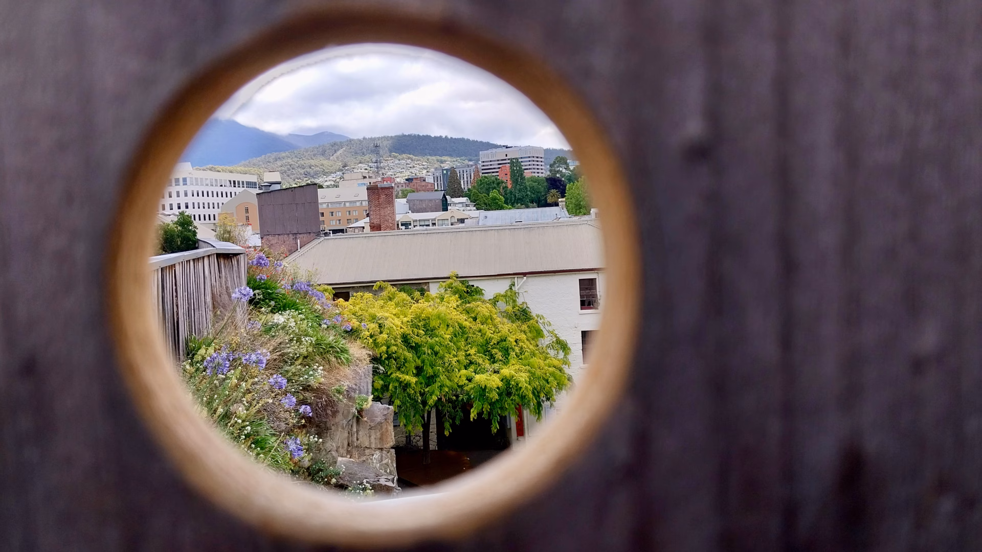 View of Hobart rooftops and Mount Wellington through a circular hole in a wooden fence at the top of Kelly's Steps