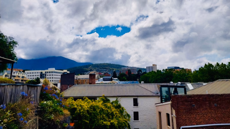 Dramatic cloud formation over Hobart and Mount Wellington seen from the top of Kelly's Steps