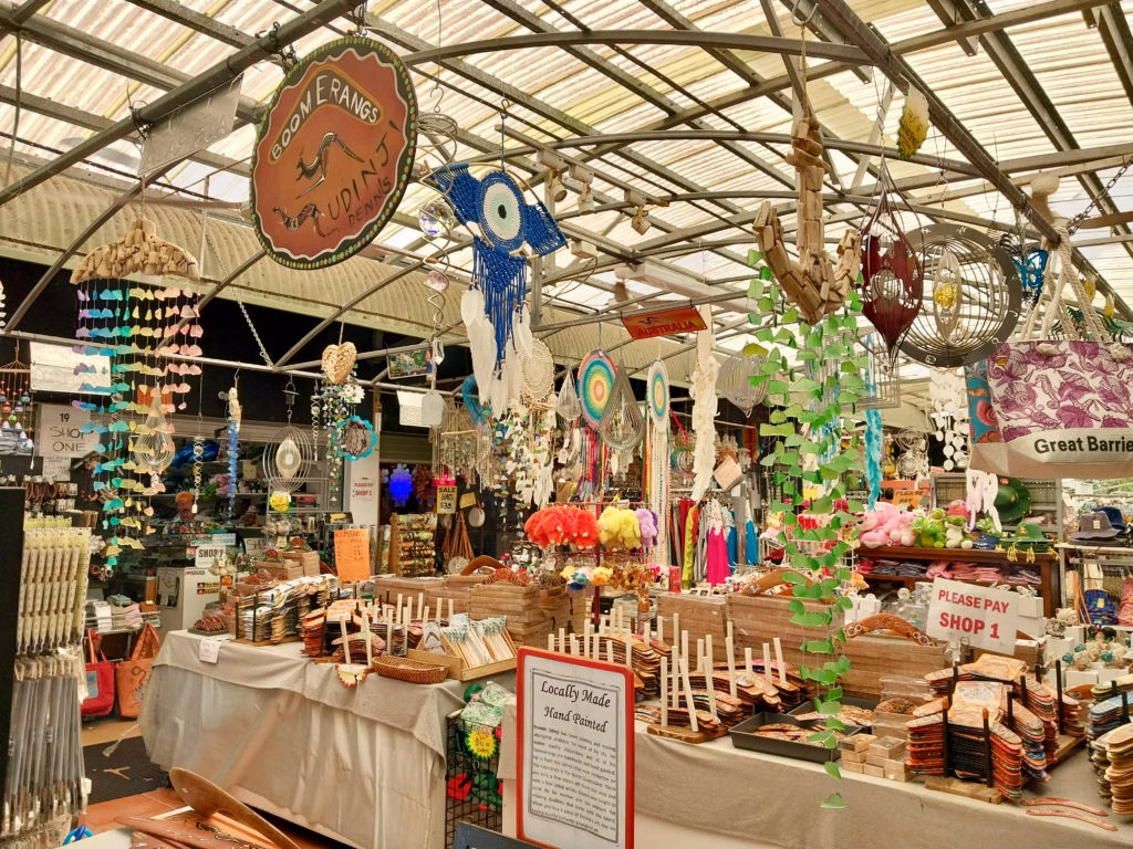 Hand painted boomerangs and didgeridoos at Kuranda market stall