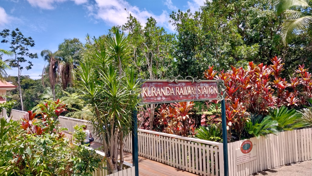 Kuranda Railway Station sign seen while walking through the village