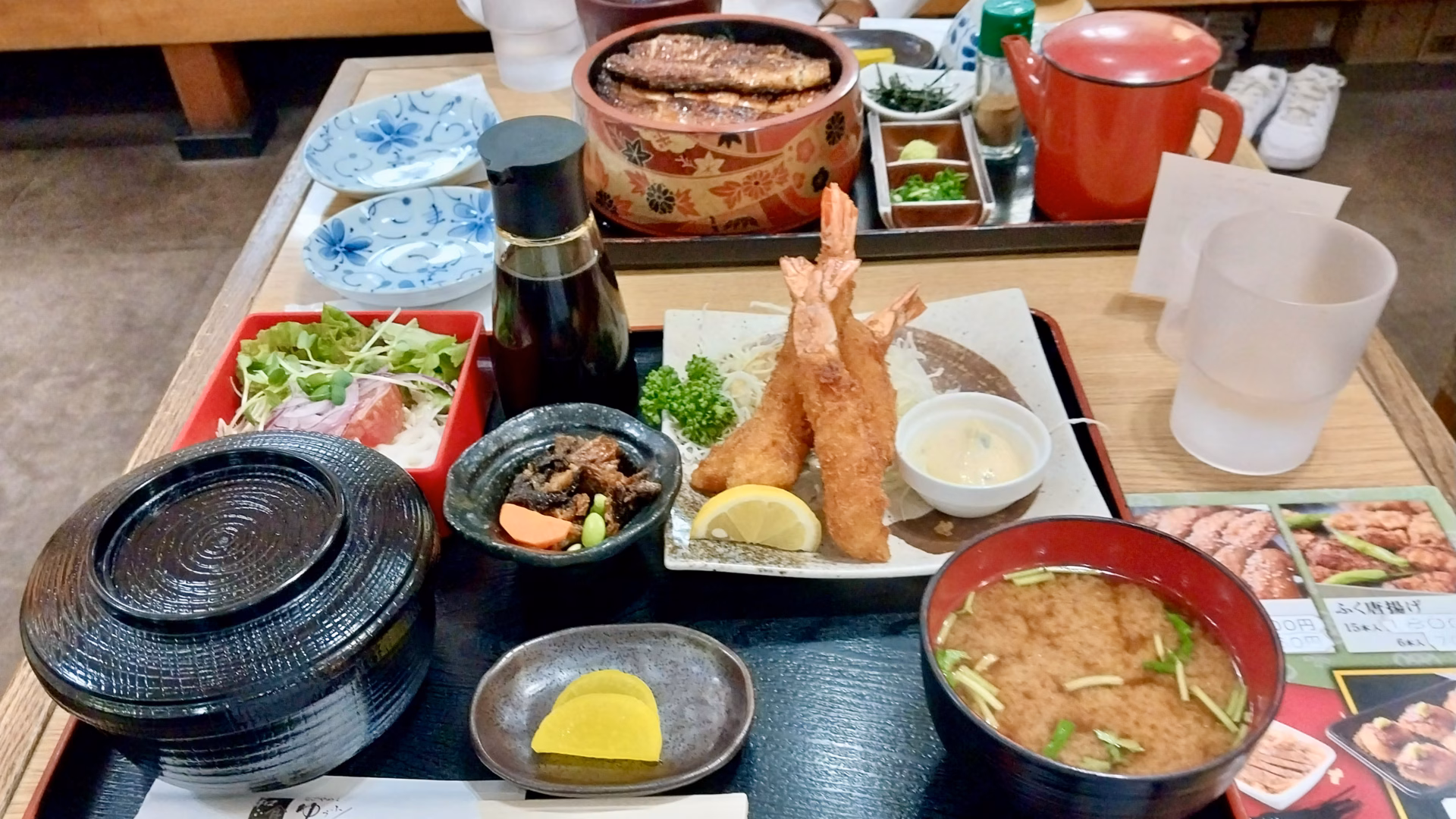 Hitsumabushi lunch set with tempura shrimp and miso soup