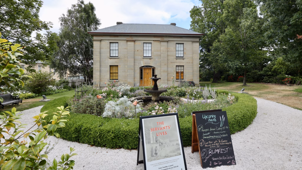 Narryna Heritage Museum, a Georgian sandstone mansion in Battery Point, with a circular garden and fountain