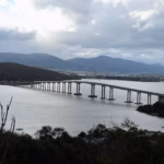 Tasman Bridge seen from Rosny Hill Lookout Hobart with moody cloud cover