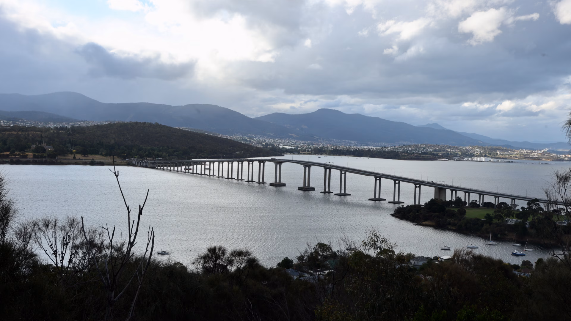 Tasman Bridge seen from Rosny Hill Lookout Hobart with moody cloud cover