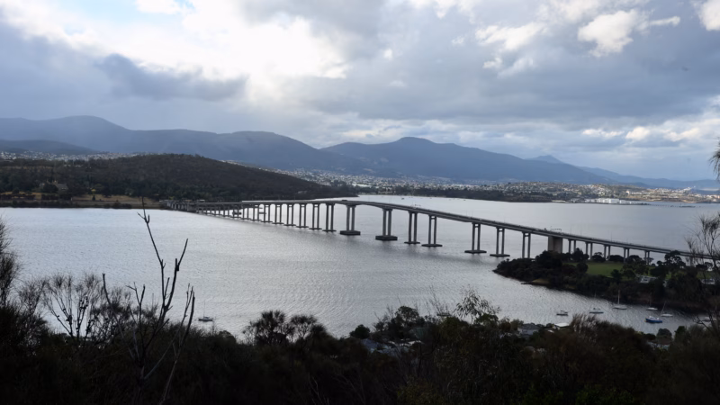 Tasman Bridge seen from Rosny Hill Lookout Hobart with moody cloud cover