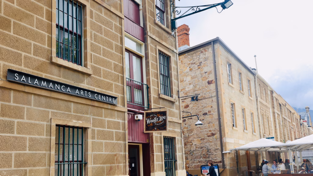 Salamanca Arts Centre sandstone building with Wooby Lane art glass studio sign, Hobart