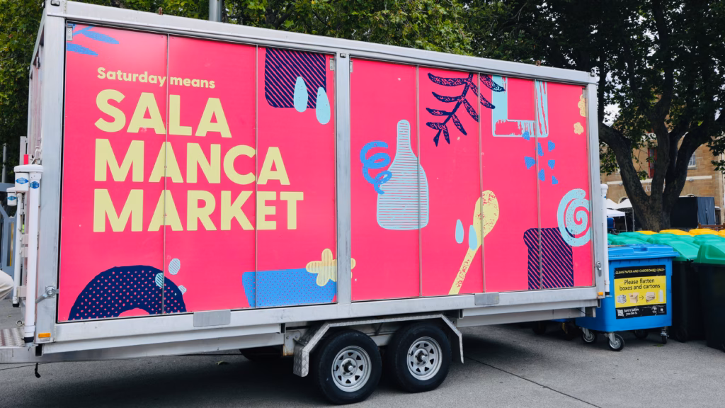 Official pink Salamanca Market branded trailer reading Saturday means Salamanca Market