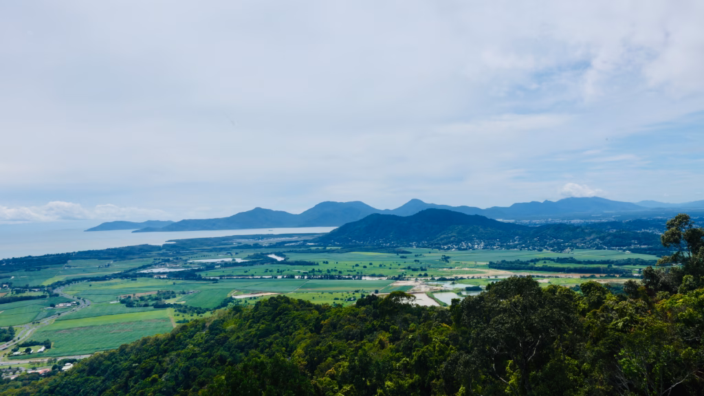 Skyrail gondola view of Cairns coastal plain, cane fields and river