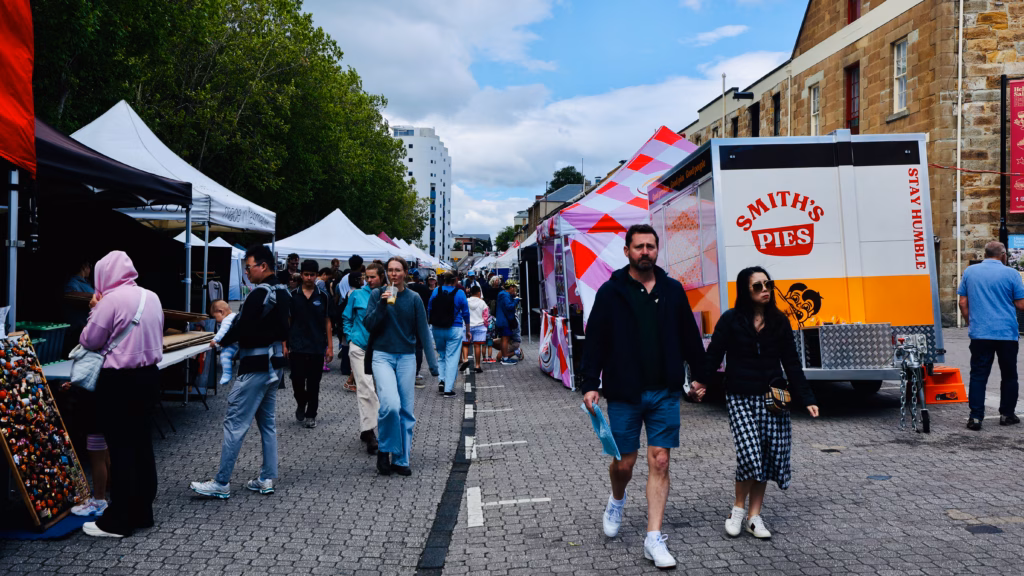 Smith's Pies food truck at Salamanca Market with a queue of visitors