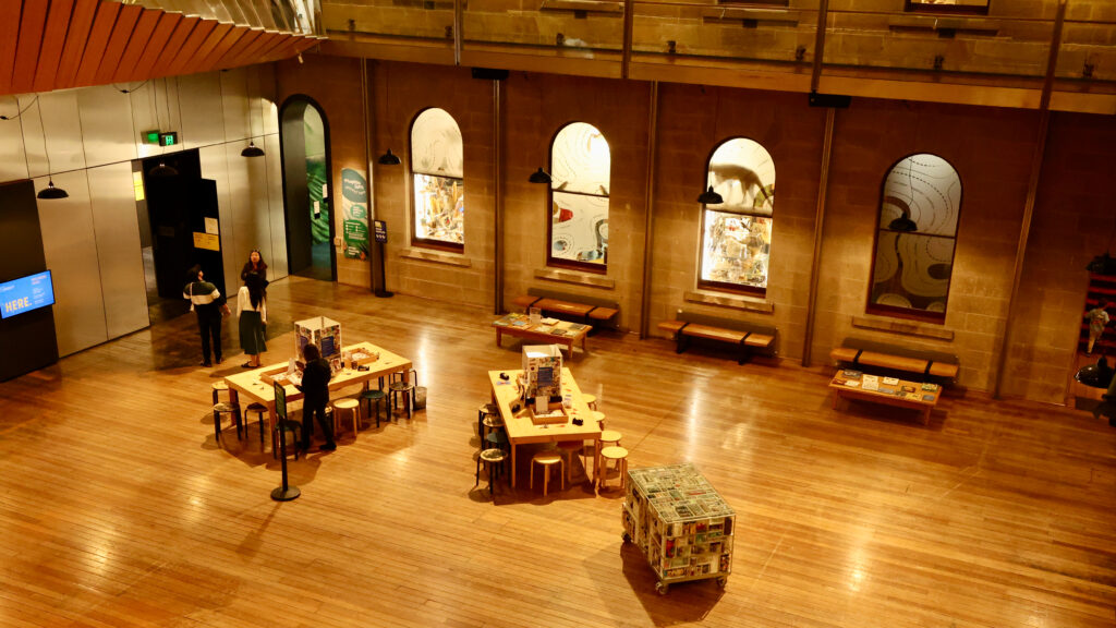 TMAG children's gallery mapiya lumi with craft tables and a mosaic sculpture
