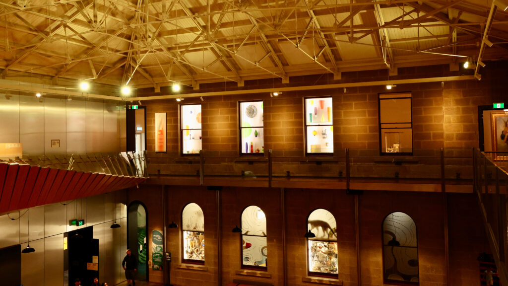 Heritage timber roof trusses above the TMAG children's gallery mezzanine