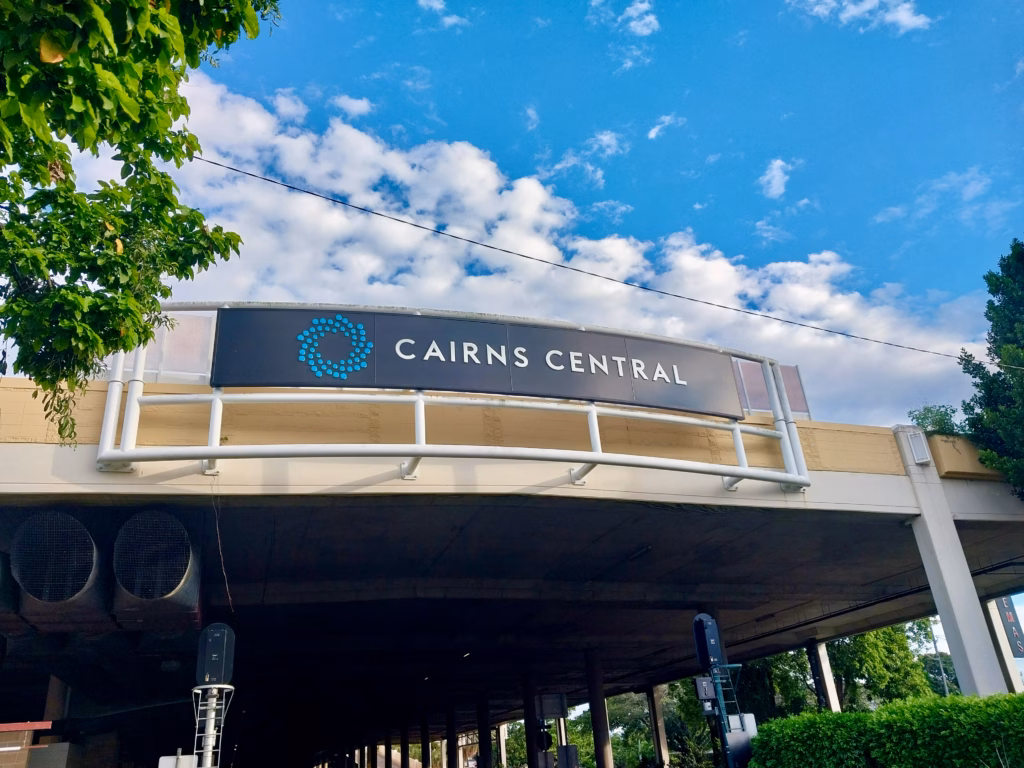 The Cairns Central shopping centre sign, mounted above the entrance walkway