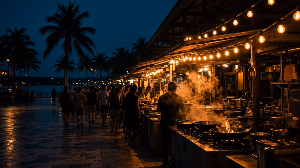 Cairns Night Markets at dusk, string lights over food stalls beside the Esplanade