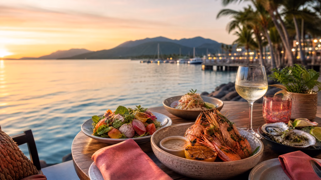 Seafood platter with grilled prawns, ceviche and oysters on a waterfront table in Cairns at sunset