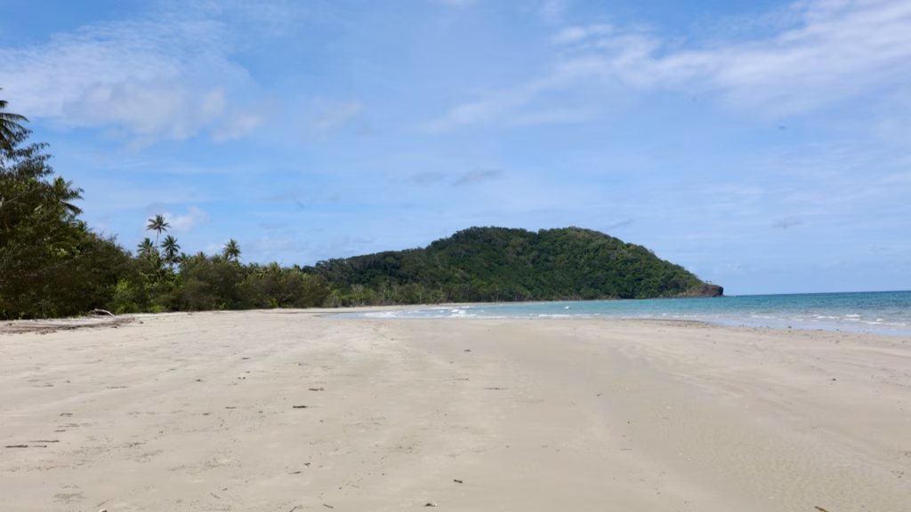 Cape Tribulation day tour beach stop, a long empty stretch of sand with a forested headland in the distance