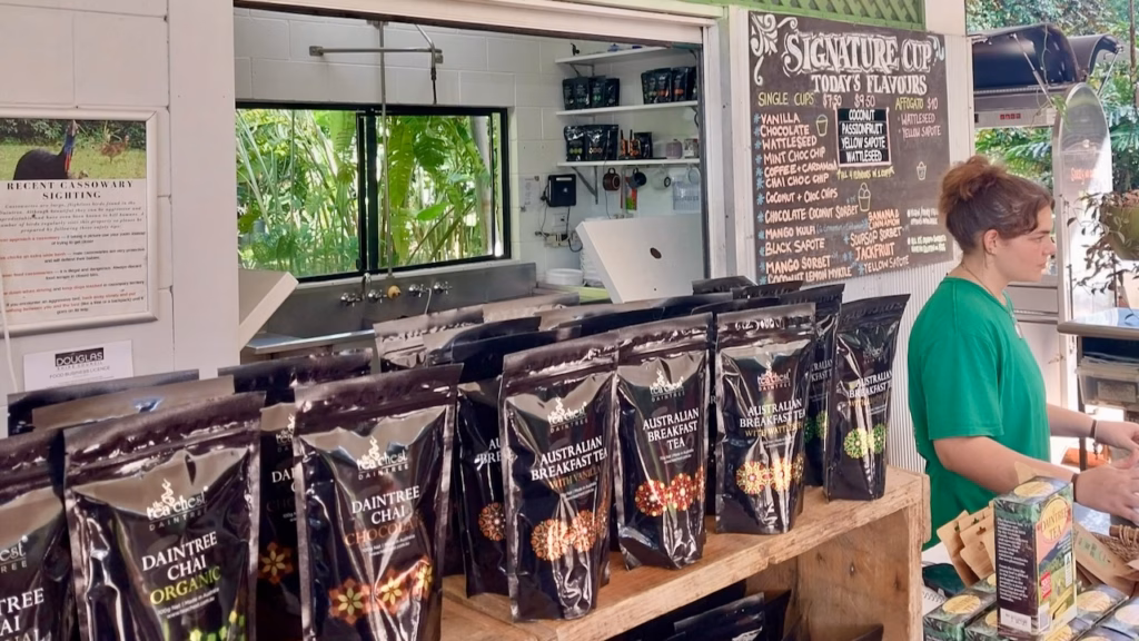 Counter at Daintree Ice Cream Company with local Daintree Chai and Australian Breakfast Tea for sale