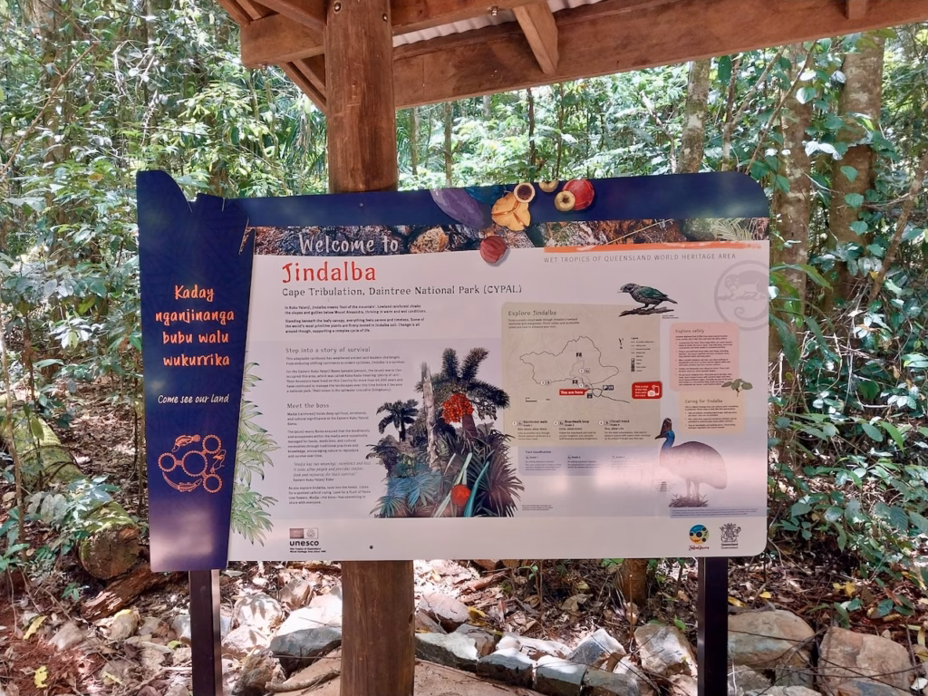 Interpretive sign welcoming visitors to the Jindalba boardwalk in Cape Tribulation, Daintree National Park