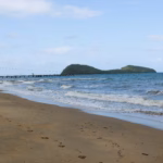 Palm Cove's jetty extending into the water, with lifeguard flags marking the swimming enclosure