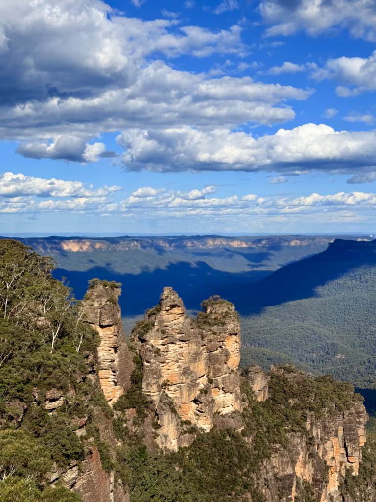 The Three Sisters rock formation at Echo Point, Blue Mountains, overlooking the Jamison Valley