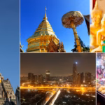 Collage of a month in Thailand: Suvarnabhumi Airport, an aerial view of Bangkok, a limestone island, a palm-lined beach, the golden chedi at Doi Suthep, Bangkok's skyline at night, a street food stall, an empty beach in Phuket, and Railay's cliffs
