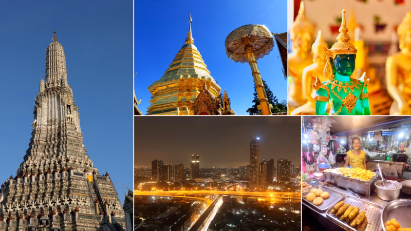 Collage of a month in Thailand: Suvarnabhumi Airport, an aerial view of Bangkok, a limestone island, a palm-lined beach, the golden chedi at Doi Suthep, Bangkok's skyline at night, a street food stall, an empty beach in Phuket, and Railay's cliffs