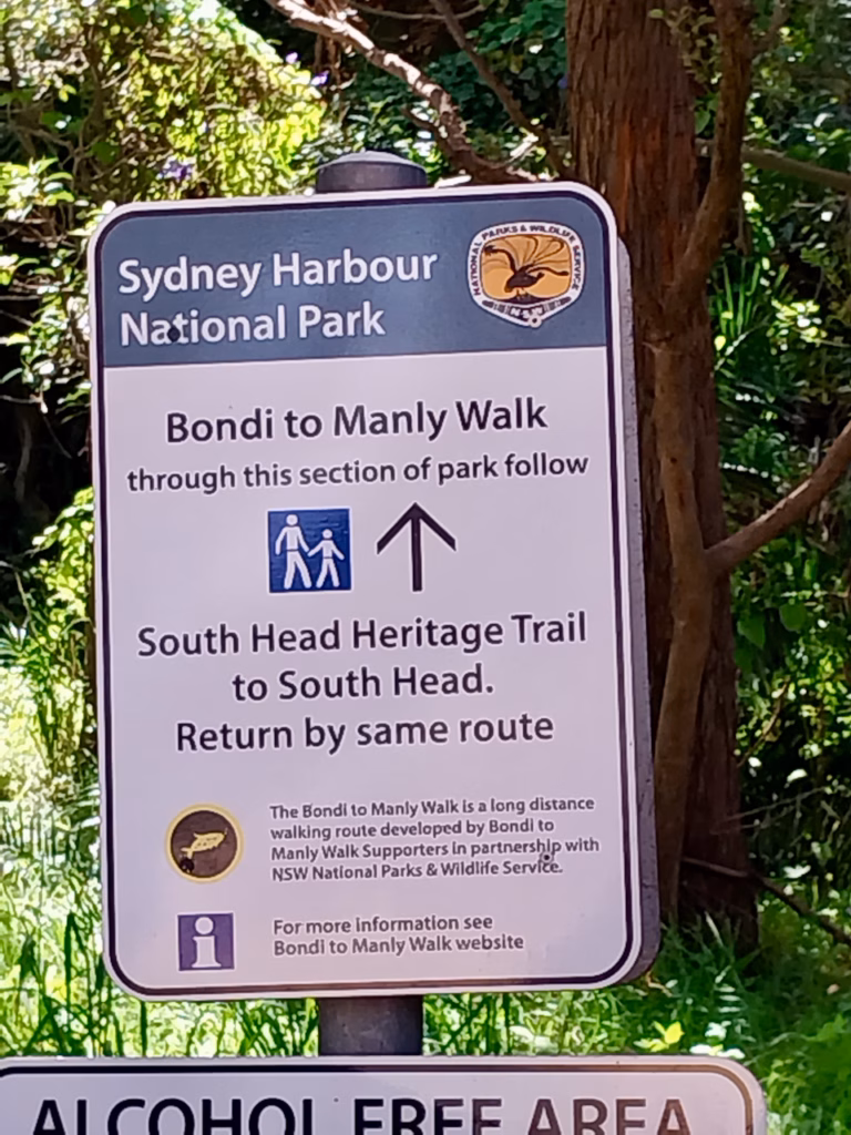 Sydney Harbour National Park sign marking the Bondi to Manly Walk route along the South Head Heritage Trail