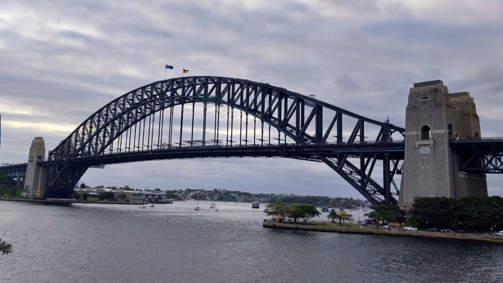 Sydney Harbour Bridge's arch and southern pylon filling the frame from Dr Mary Booth Lookout, overcast sky, harbour boats in the foreground