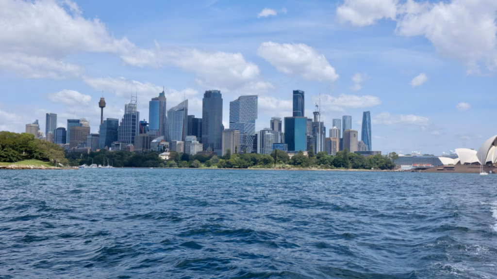Sydney CBD skyline from the ferry to Watsons Bay, with the Opera House small at the edge of the frame