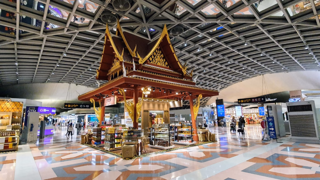 Traditional Thai pavilion inside Suvarnabhumi Airport's duty-free concourse, Bangkok