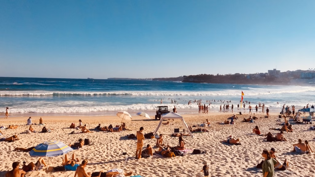 Sunbathers on Bondi Beach in late afternoon, with swimmers near the red and yellow flag and the North Bondi headland behind
