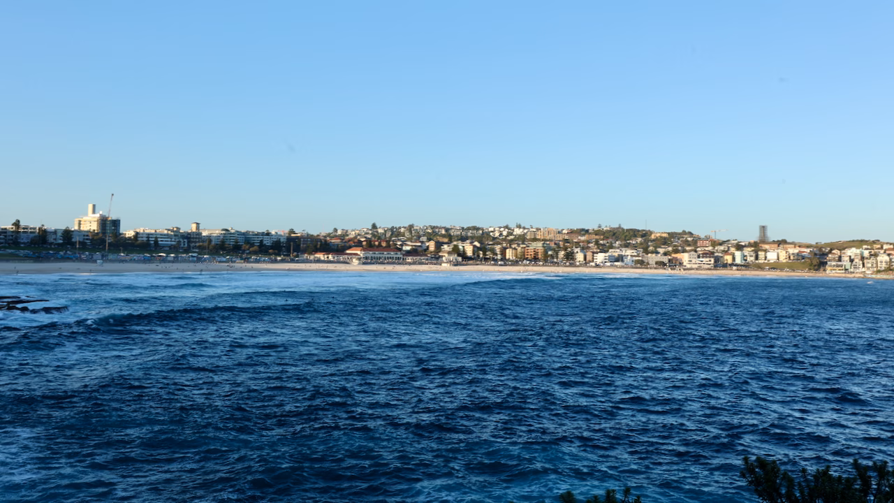 View back over Bondi Beach and the Bondi Pavilion from the Bondi to Coogee coastal walk