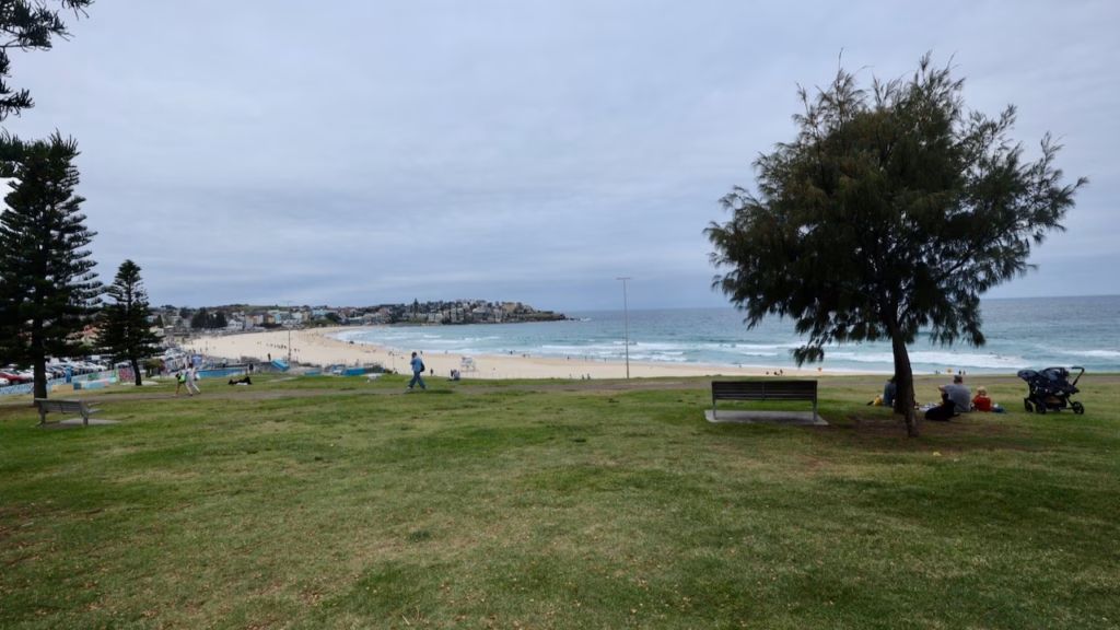A family picnicking on the grass in Bondi Park under a tree, with a pram and Bondi Beach in the distance