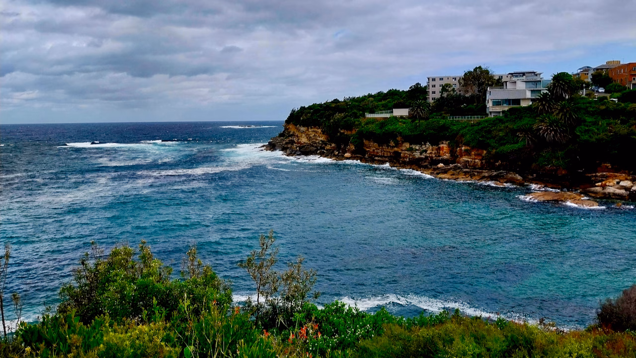 Gordons Bay under storm clouds with orange wildflowers in the foreground